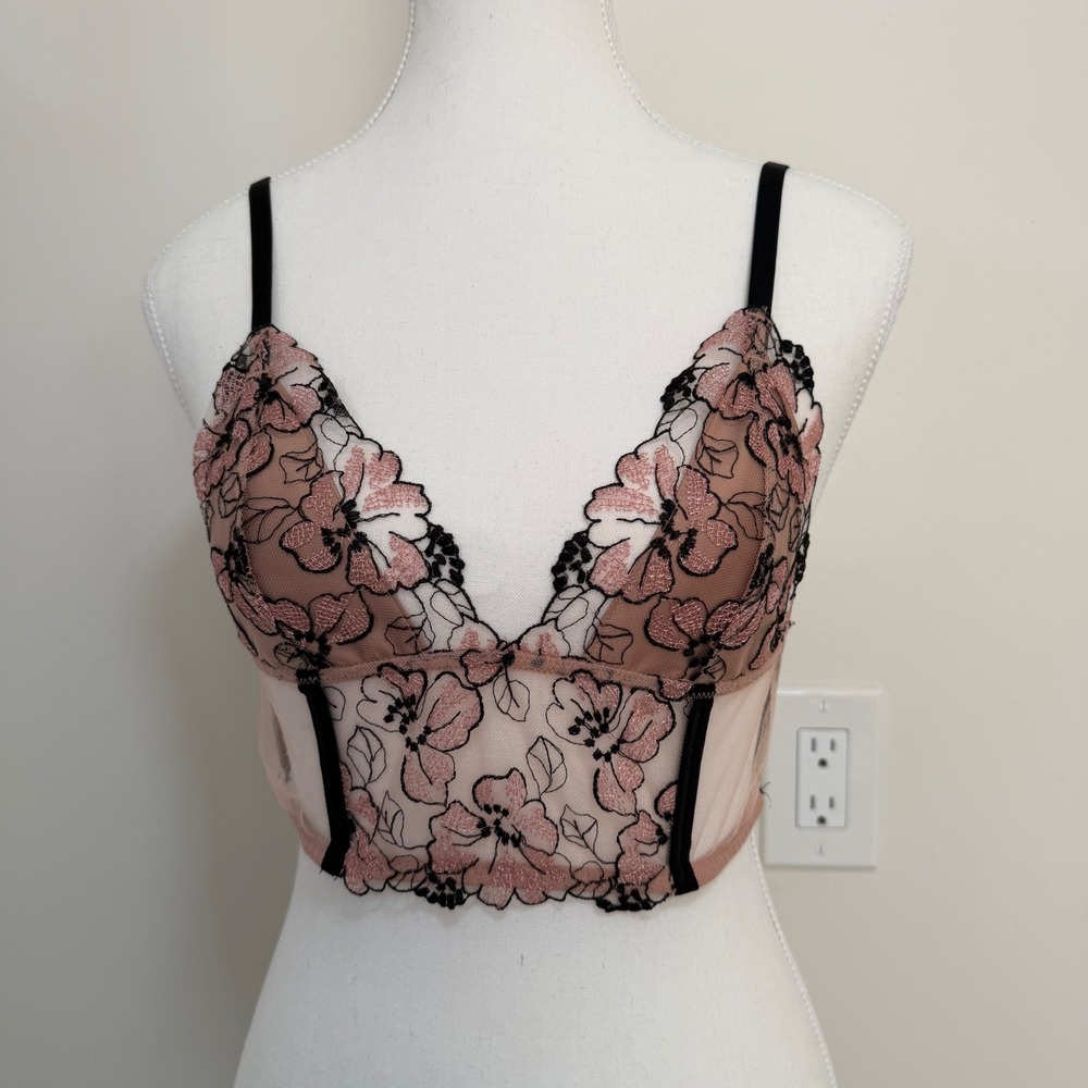 Victoria's Secret Floral Embroidered Longline Bralette Womens Small Pink Black